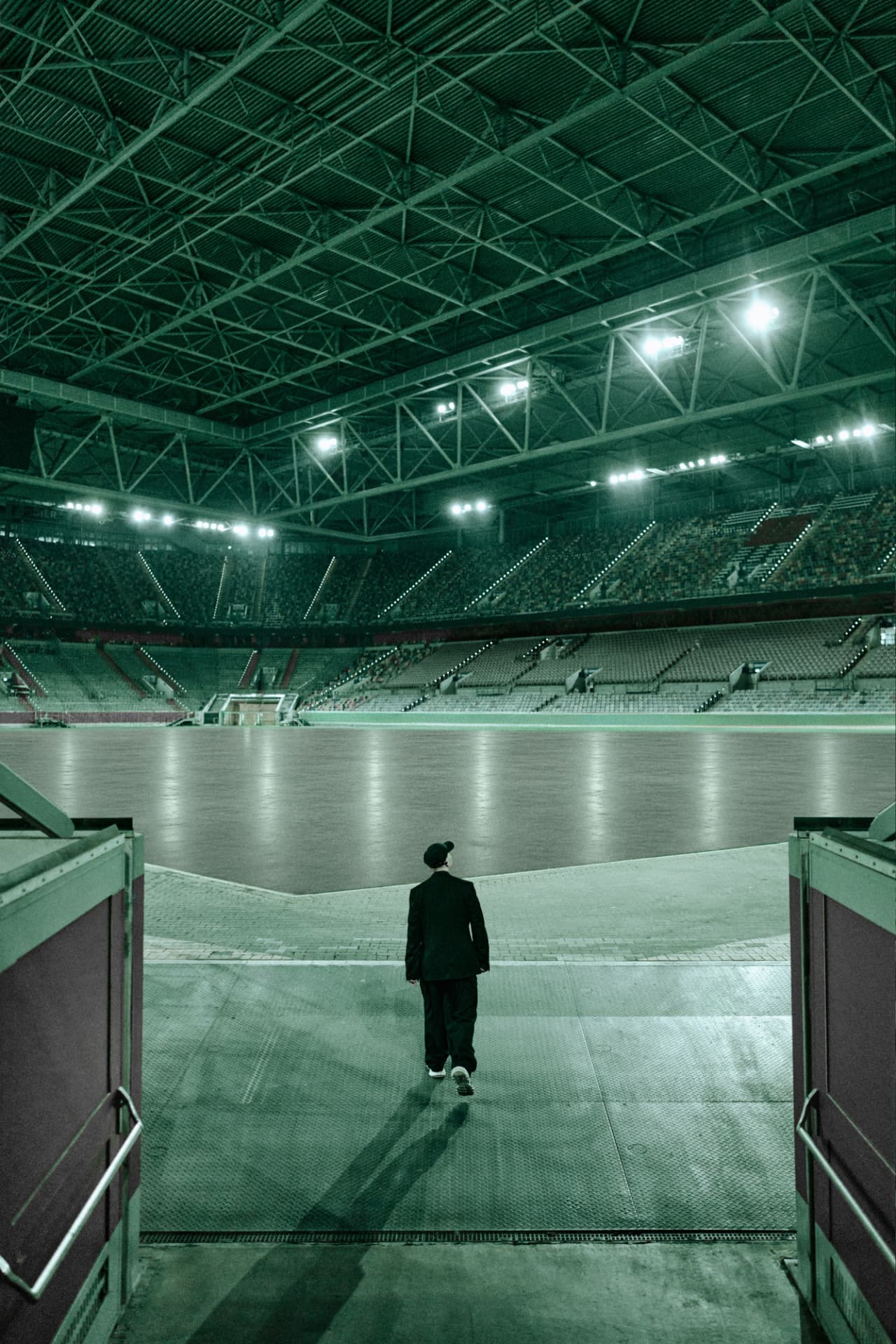 Walking onto the arena floor at field level